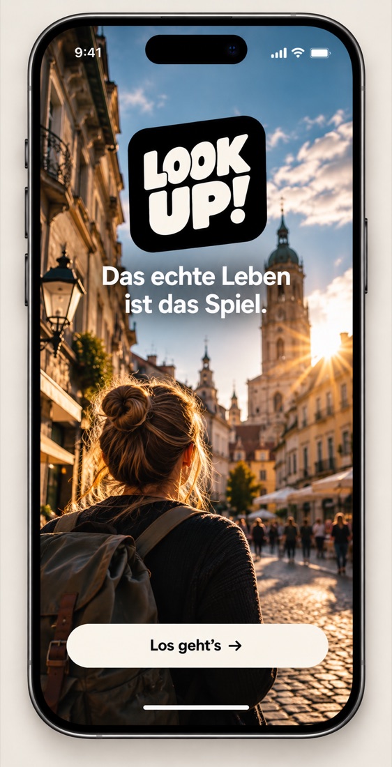 LOOK UP! app start screen in front of a sunlit old town
